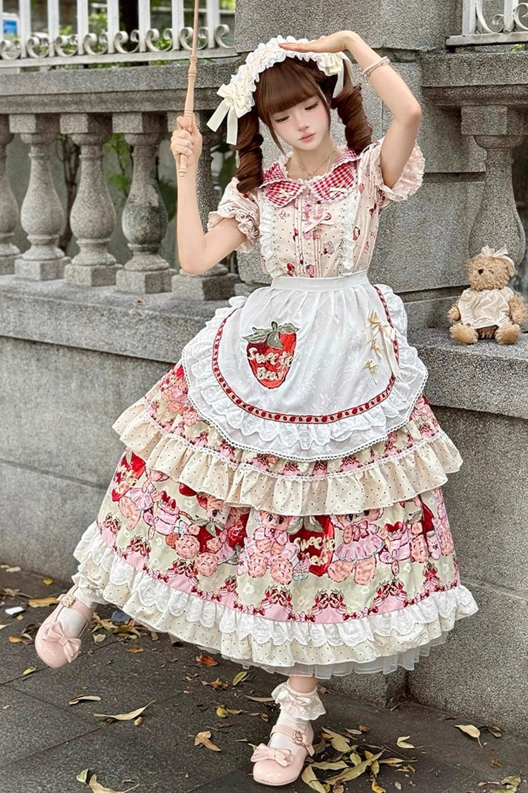 Ivory [Bear Strawberry Ode] Print Short Sleeves Double-Layered Ruffle Bowknot Sweet Princess Lolita Jsk Dress - Product - 4