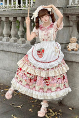 Ivory [Bear Strawberry Ode] Print Short Sleeves Double-Layered Ruffle Bowknot Sweet Princess Lolita Jsk Dress - Product - 4