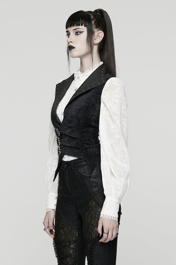 Black V Collar Sleeveless Lace-Up Buckled Eyelet Women's Gothic Vest - Product - 2