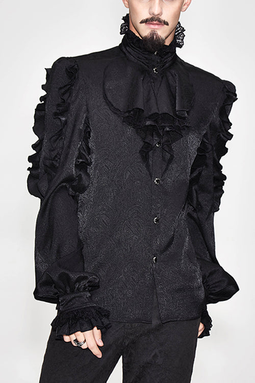 Black Vampire Ruffled Sleeves Mens Gothic Blouse - Black - 1