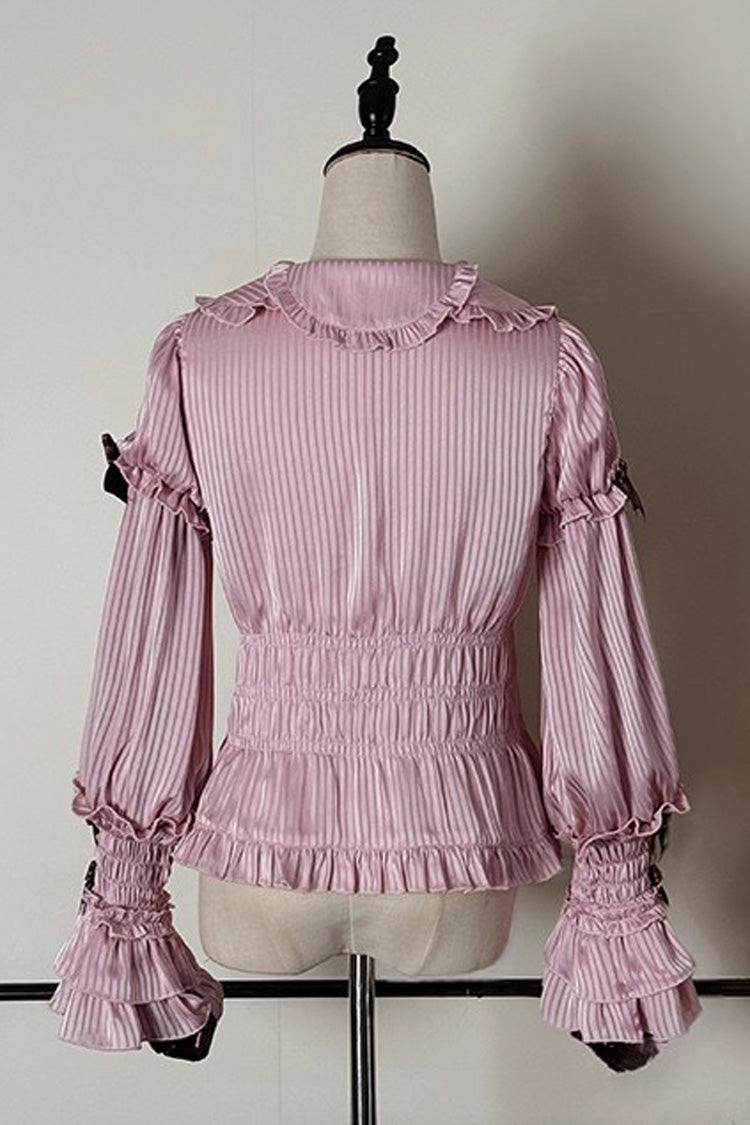 [Teddy Bear Chocolate] Round Collar Long Trumpet Sleeves Ruffle Bowknot Sweet Lolita Blouse 3 Colors - Product - 6