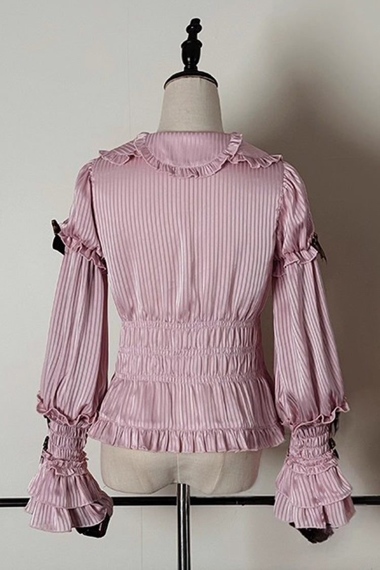 [Teddy Bear Chocolate] Round Collar Long Trumpet Sleeves Ruffle Bowknot Sweet Lolita Blouse 3 Colors - Product - 6