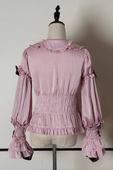 [Teddy Bear Chocolate] Round Collar Long Trumpet Sleeves Ruffle Bowknot Sweet Lolita Blouse 3 Colors - Product - 6