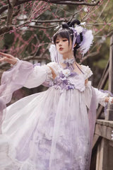 White/Purple Square Collar High Waisted Printed Ruffled Lace Pearl-Decorated Sweet Chinese Style Lolita Jsk Dress - Product - 5