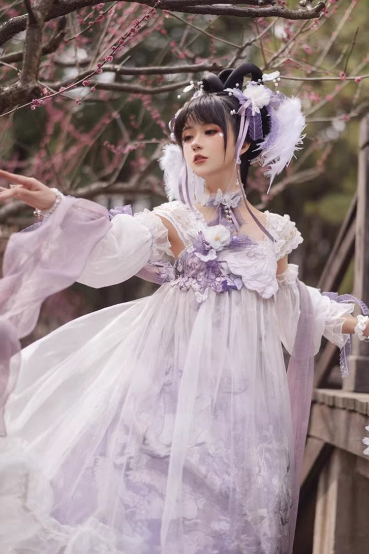 White/Purple Square Collar High Waisted Printed Ruffled Lace Pearl-Decorated Sweet Chinese Style Lolita Jsk Dress - Product - 5