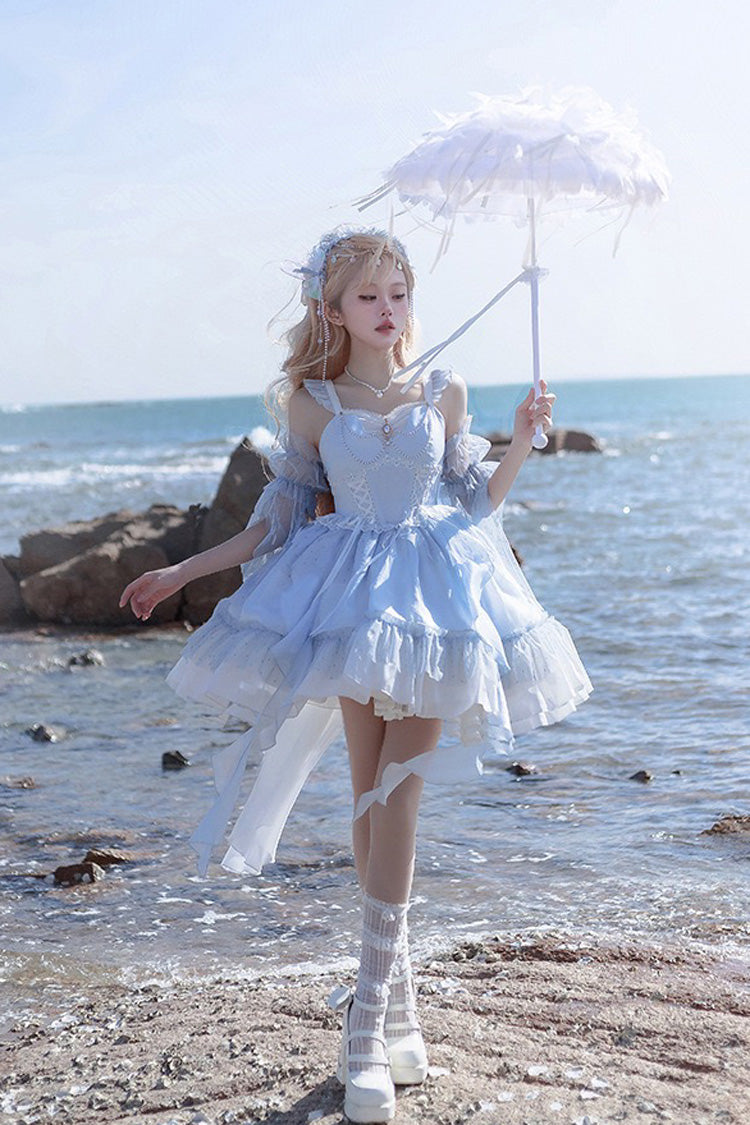 Blue The Moon Goddess's Song Multi-layer Ruffle Lace-Up Sweet Elegant Lolita Jsk Dress - Product - 3
