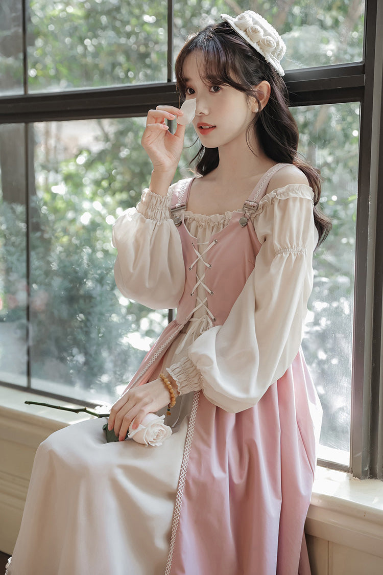 Pink/Apricot Square Collar Long Sleeves Ruffled Embroidered Lace-Up Sweet Lolita Two-Piece Dress Set - Product - 11