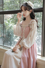 Pink/Apricot Square Collar Long Sleeves Ruffled Embroidered Lace-Up Sweet Lolita Two-Piece Dress Set - Product - 11