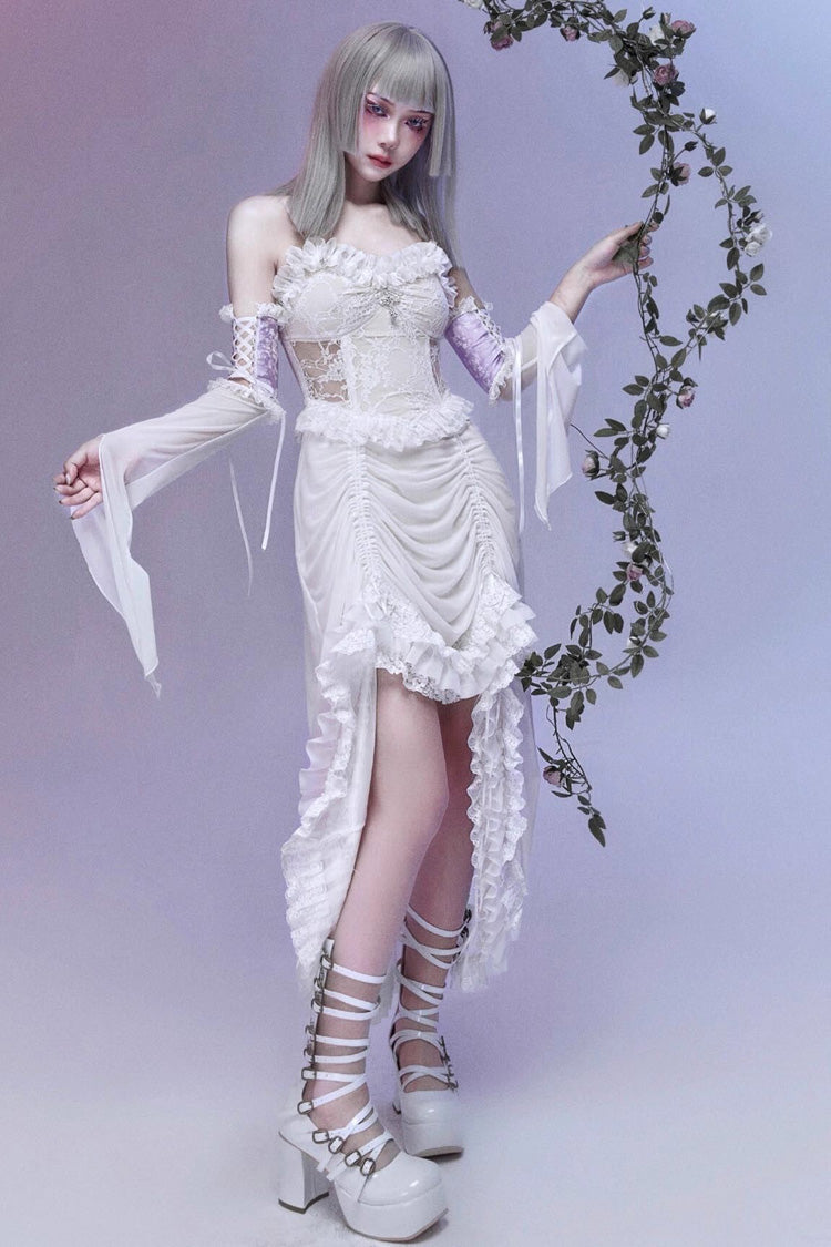 White [Redemption of the Deity] Drawstring Ruffle Embroidery Lace Pleated Gothic Lolita Jsk Dress - Product - 3
