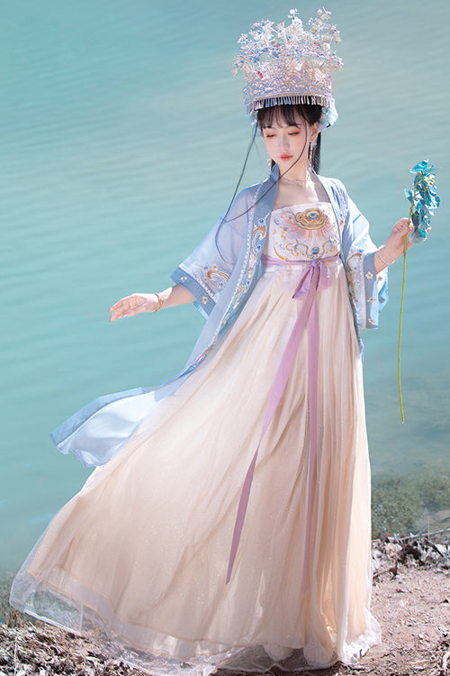 Chinese Tang Dynasty Design Style Embroidered Chiffon Short Sleeves Sweet Hanfu Dress - Product - 3