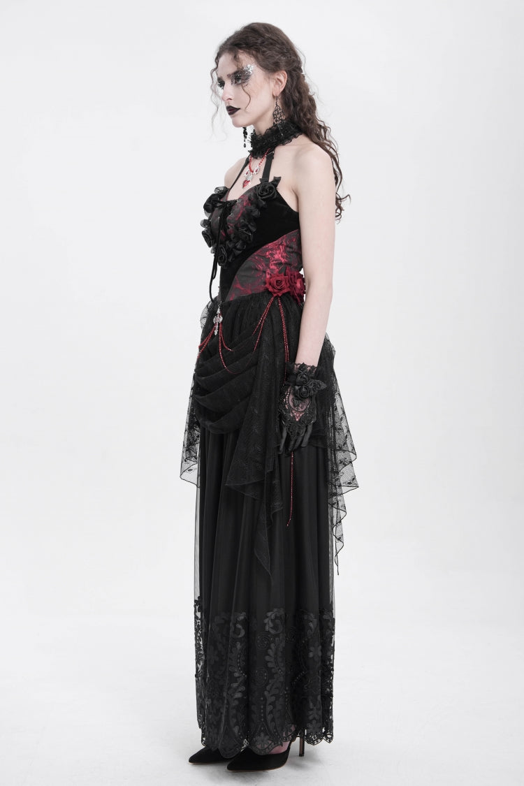 Red Halterneck Sleeveless Embroidery Stitching Rose Heart Lace Women's Gothic Blouse - Product - 7