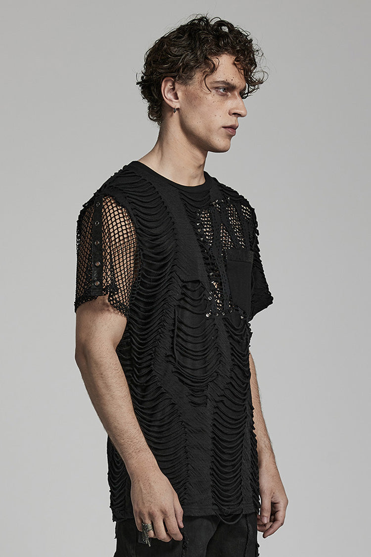 Black Short Sleeves Stitching Mesh Ripped Men's Punk T-Shirt - Product - 2