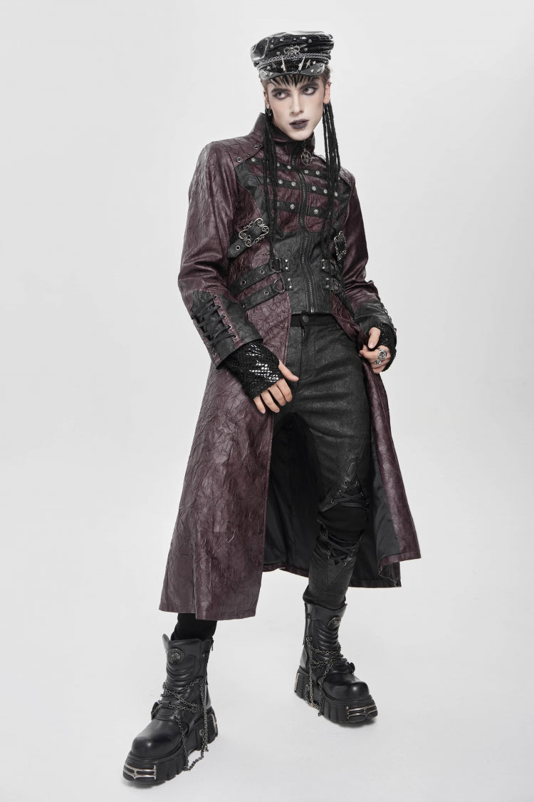 Red Stand Collar Zipper Straps Eyelet Men's Punk Coat - Product - 12