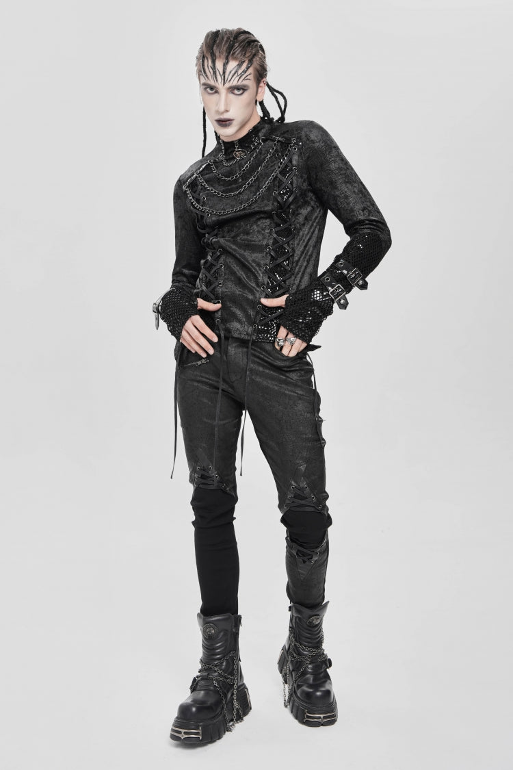 Black Stitching Lace-Up Mesh Chain Men's Punk Blouse - Product - 6