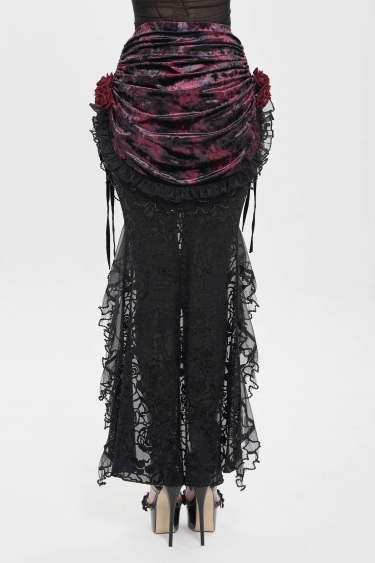 Black/Red Embroidered Rose Lace-up Irregular Women's Gothic Hem Skirt - Product - 3