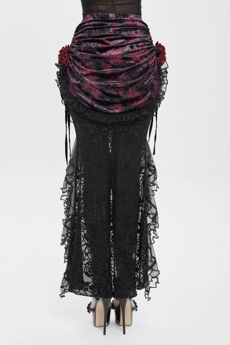 Black/Red Embroidered Rose Lace-up Irregular Women's Gothic Hem Skirt - Product - 3