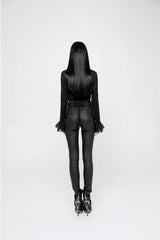 Black High Waist Flower Weaves The Ribbon Decoration Lace Up Gothic Jacquard Women's Pants - Product - 7