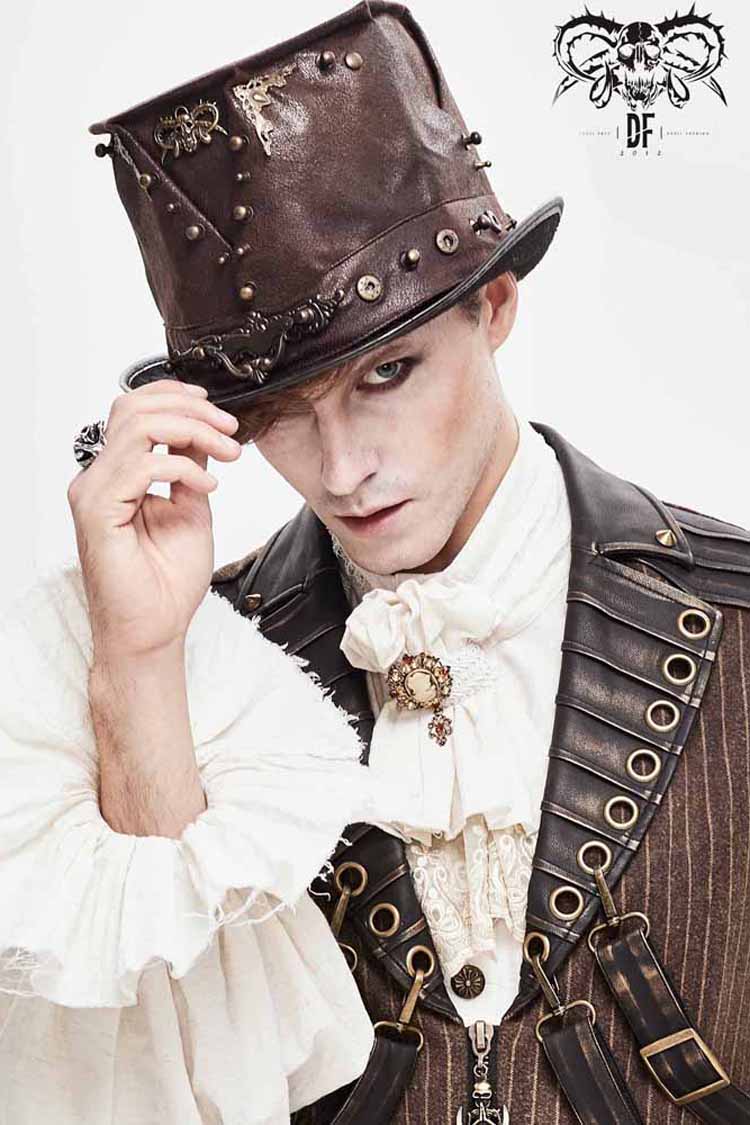 Brown Medium Top Leather Metal Stud Decorated Men's Gothic Hat - Product - 3