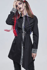 Black Gothic Patchwork Lace Spider Web Design Asymmetric Pleats Metal D-Shaped Buckle Decoration Long Women's Shirt - Product - 3