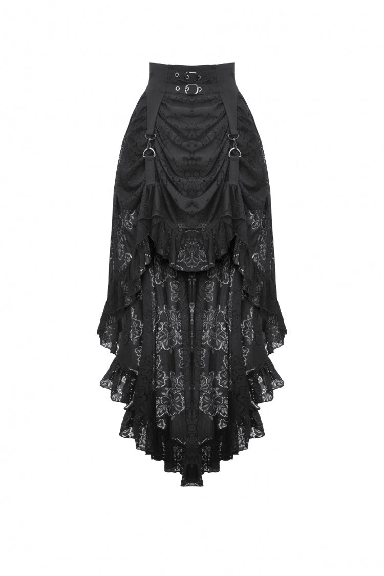 Black Women's Gothic Princess High Waisted Lace Lace-Up Buckled High/Low Tail Hem Maxi Skirt - Product - 3
