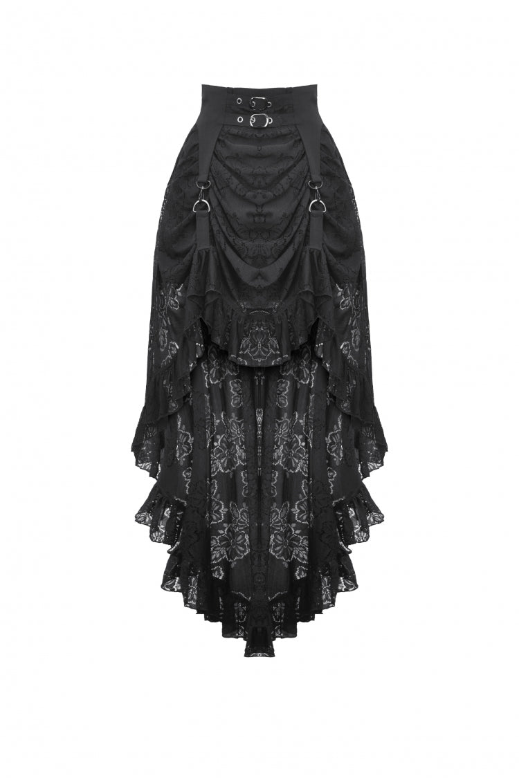 Black Women's Gothic Princess High Waisted Lace Lace-Up Buckled High/Low Tail Hem Maxi Skirt - Product - 3