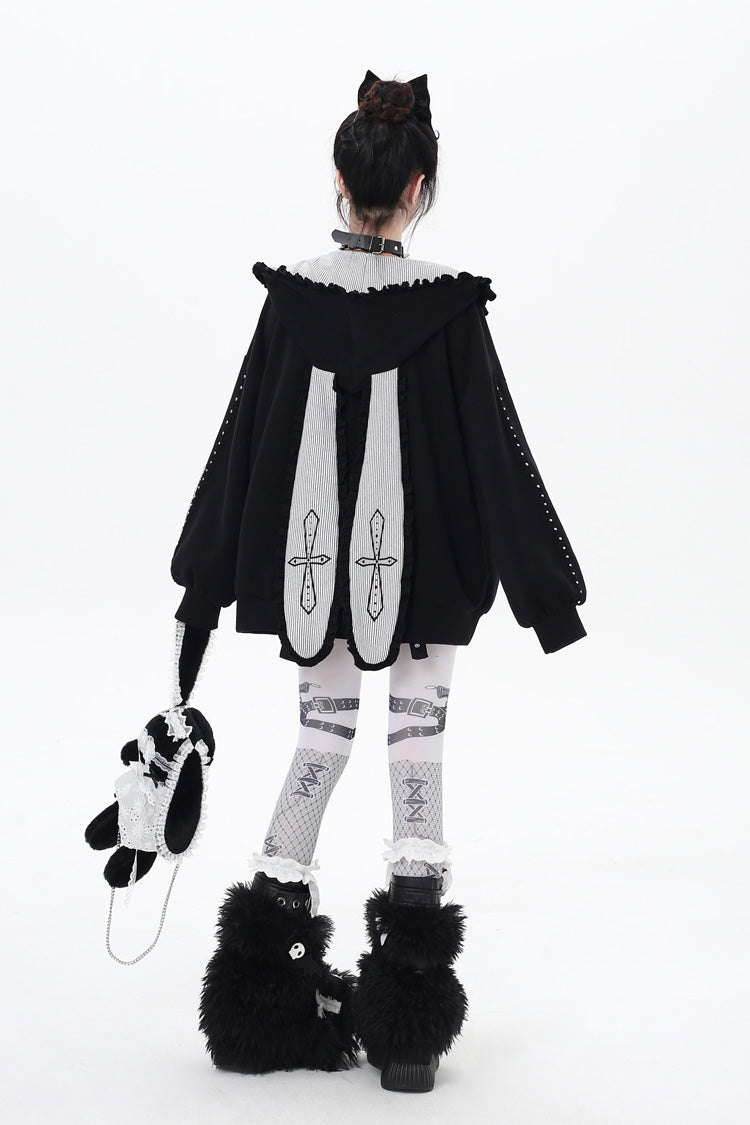 [Striped Bunny Ears] Long Sleeves Heart Print Embroidery Hooded Zipper Sweet Jirai Kei Cool Lolita Coat 2 Colors - Product - 3