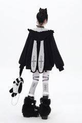[Striped Bunny Ears] Long Sleeves Heart Print Embroidery Hooded Zipper Sweet Jirai Kei Cool Lolita Coat 2 Colors - Product - 3