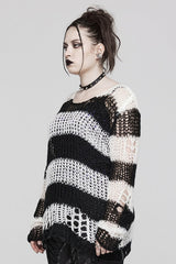 Round Collar Striped Print Irregular Ripped Women's Gothic Sweater 4 Colors - Product - 2