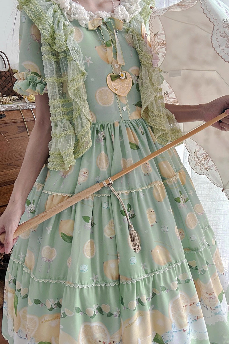 Green [Lemon Chicken] Short Sleeves Print Ruffle Bowknot Lace Daily Sweet Lolita Dress - Product - 8