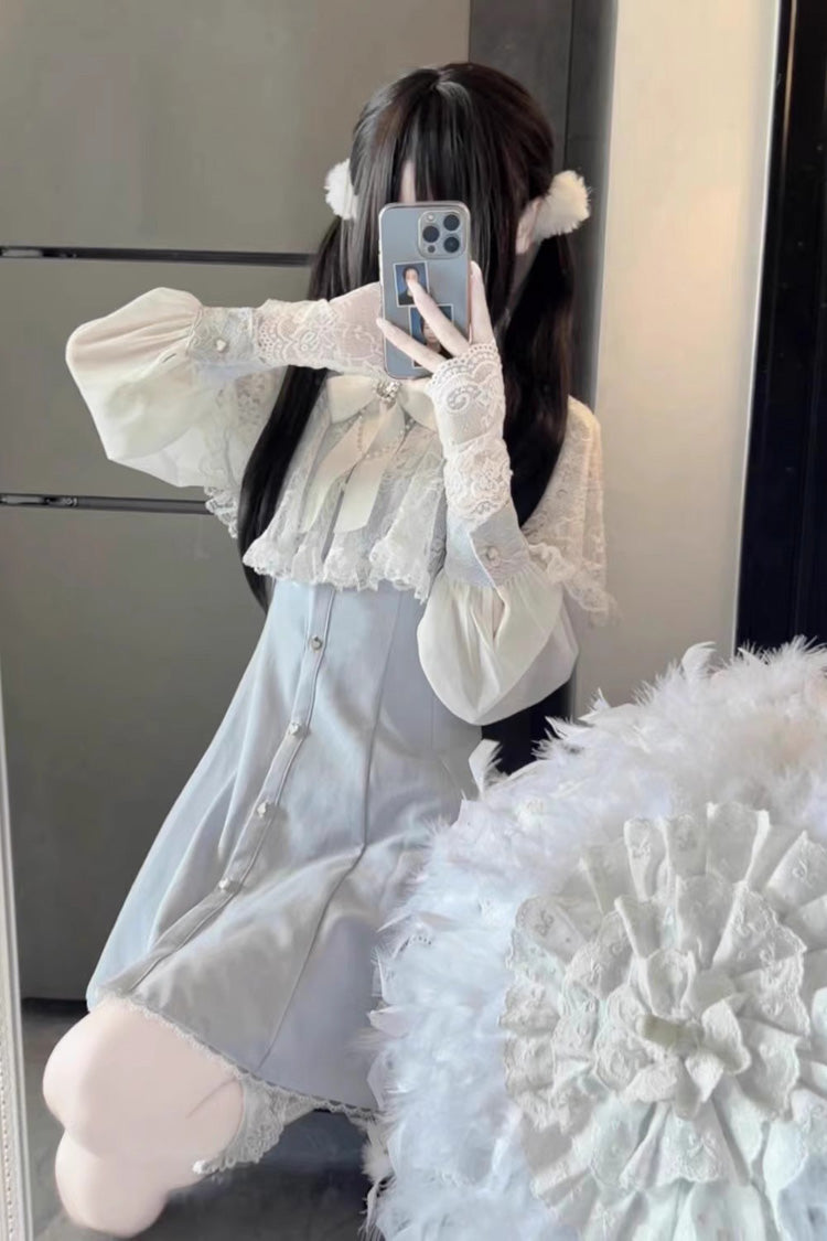 Aqua Shawl Lace Chiffon Long Sleeves Lace Slim Jirai Kei Dress - Product - 6