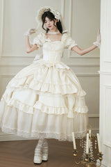 White [Letters and Poems] Square Collar Short Sleeves Ruffle Hanayome Bowknot Sweet Elegant Gorgeous Lolita Dress - Product - 7