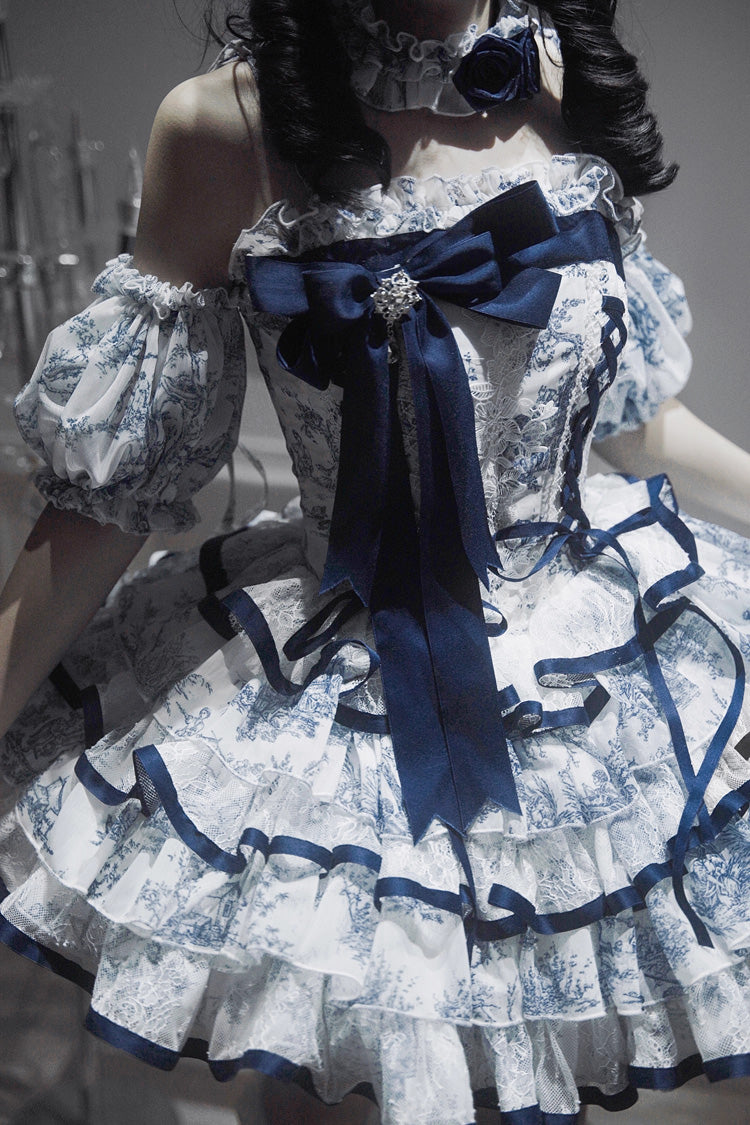 Blue/White Sleeveless Multi-Layered Print Bowknot Fishbone Sweet Classic Chinese Style Lolita Jsk Short Dress - Product - 10