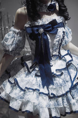 Blue/White Sleeveless Multi-Layered Print Bowknot Fishbone Sweet Classic Chinese Style Lolita Jsk Short Dress - Product - 10