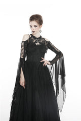 Black Off Shoulder Sheer Lace Long Trumpet Chiffon Sleeves Cut-Out Women's Gothic Capelet - Product - 7