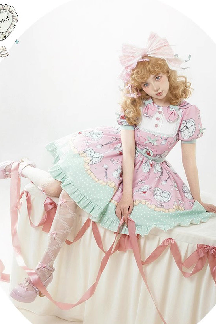 Pink/Green Tea Time Donut, Cake and Bear Print Ruffle Sweet Elegant Lolita Dress - Product - 8