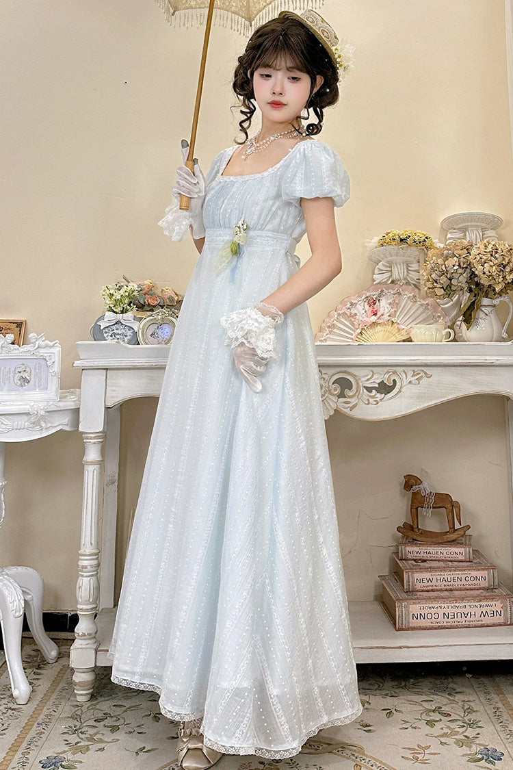 Blue Square Collar Short Sleeves Jacquard Ruffled Lace Sweet Elegant Lolita Dress - Product - 9