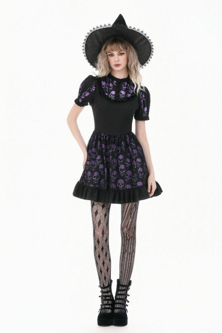 Black/Purple Short Puff Sleeves Skull Printed Lace-Up Women's Lolita Gothic Dress - Product - 9