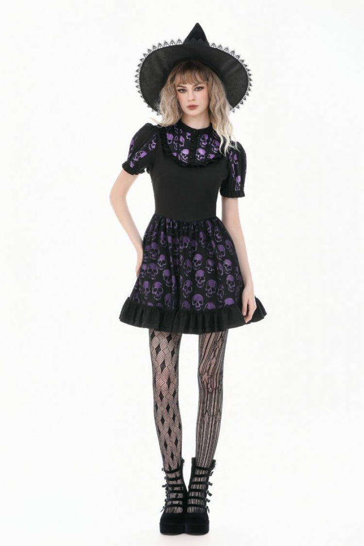 Black/Purple Short Puff Sleeves Skull Printed Lace-Up Women's Lolita Gothic Dress - Product - 9