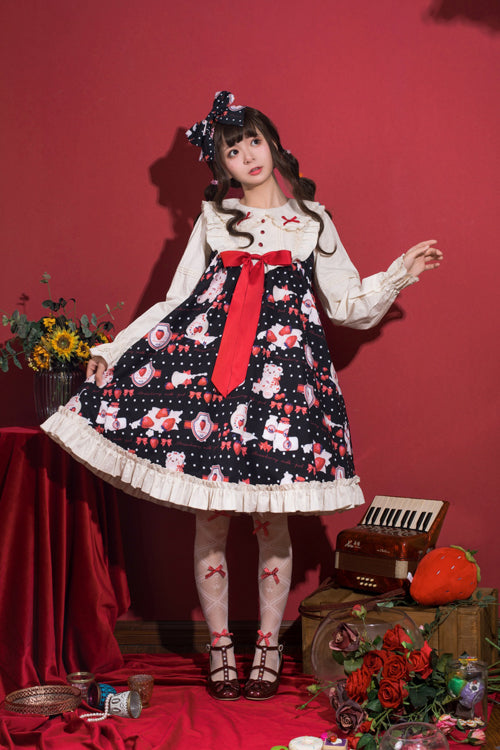 Round Collar High Waist Strawberry Milk Jar Printed Sweet Lolita OP Dress - Black - 3