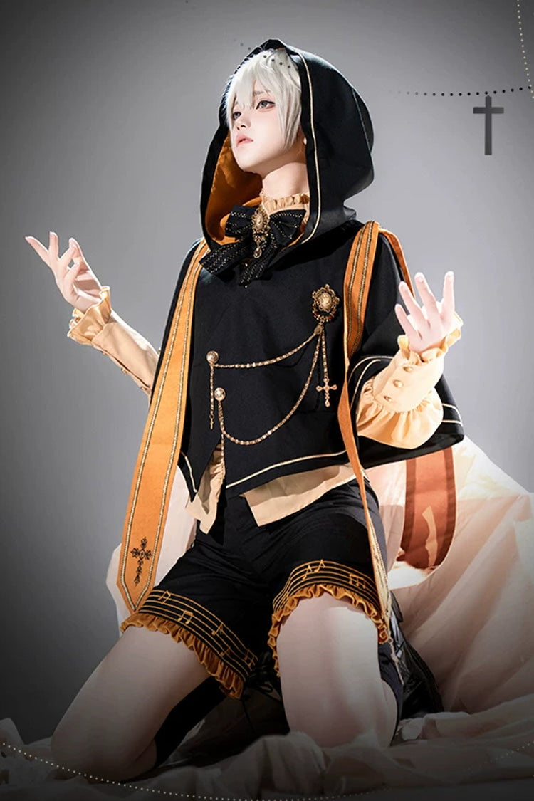 Black/Orange [The Choir Of The Church] Stand Collar Long Sleeves Bow Chain-Decorated Ouji Gothic Prince Lolita Pumpkin Shorts Set - Product - 2