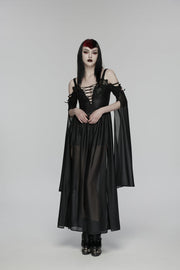 Black Off Shoulder Long Sleeves Embroidered Lace-Up Women's Gothic Elegant Dress Wedding Dress - Black - 7