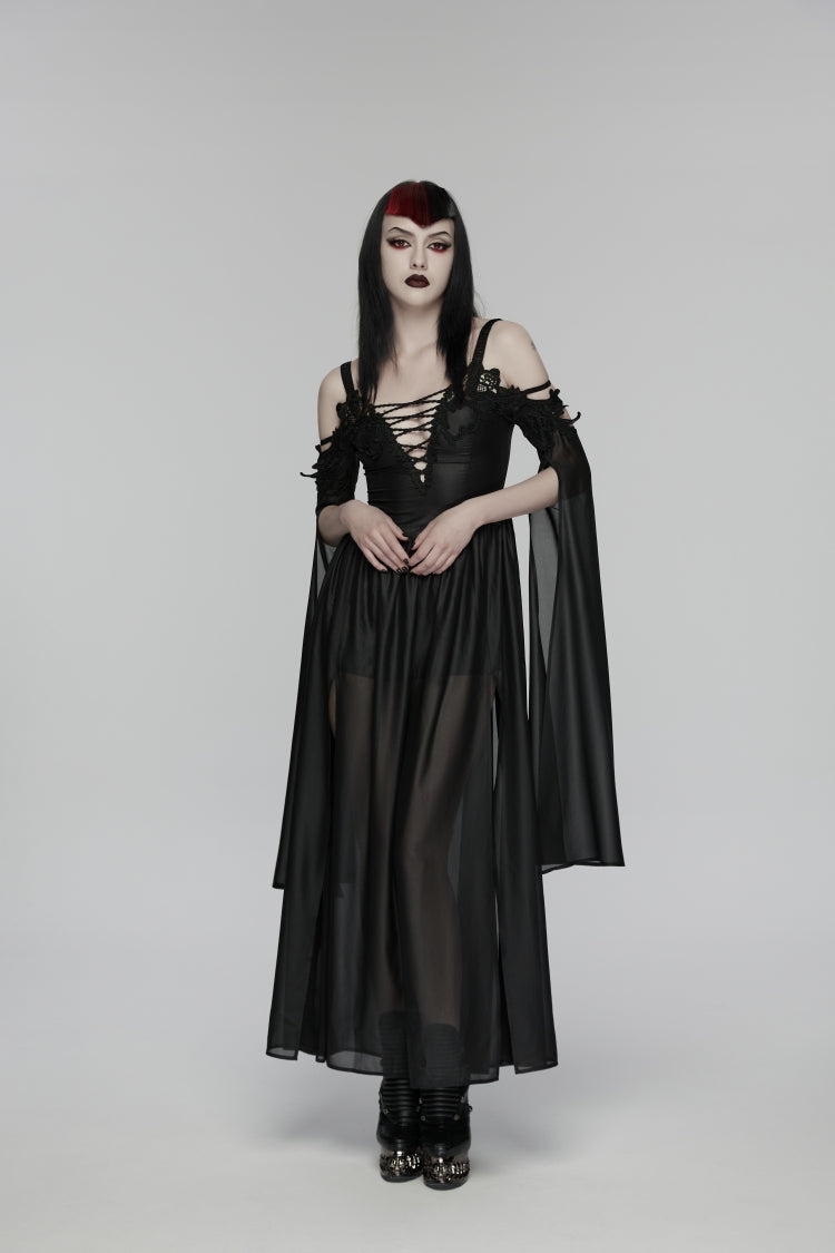 Black Off Shoulder Long Sleeves Embroidered Lace-Up Women's Gothic Elegant Dress Wedding Dress - Black - 7