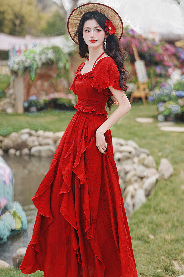 Red Square Collar Halterneck Short Sleeves High Waisted Ruffled Gothic Vintage Lolita Long Skirt Set - Product - 6