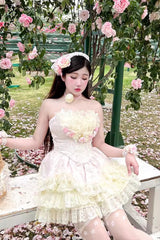 Pink Flower Goddess of Love Ruffle Bowknot Lace Sweet Elegant Lolita Skirt Dress Set - Product - 4