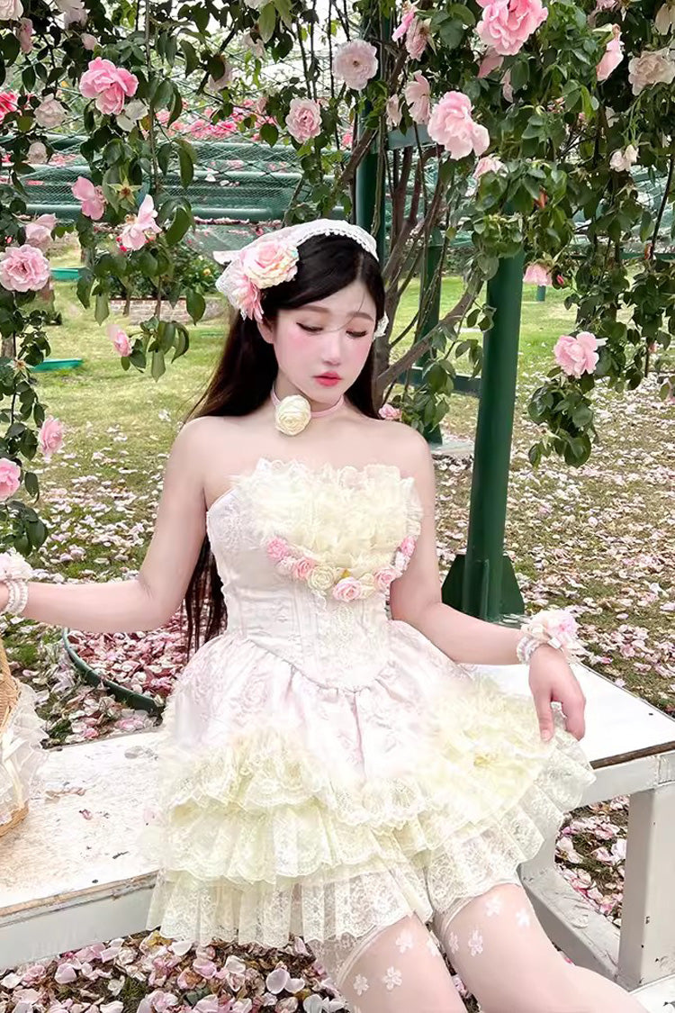 Pink Flower Goddess of Love Ruffle Bowknot Lace Sweet Elegant Lolita Skirt Dress Set - Product - 4