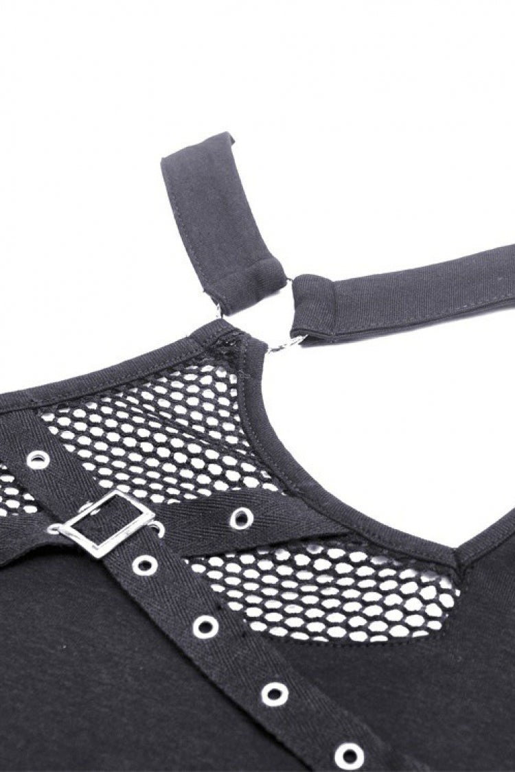 Black Halterneck Long Sleeves Eyelet Mesh Splice Women's Punk Crop Top - Product - 12