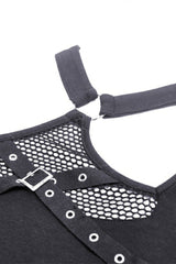 Black Halterneck Long Sleeves Eyelet Mesh Splice Women's Punk Crop Top - Product - 12