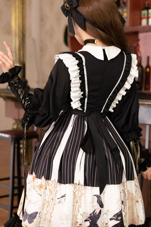 Black/White Dark Gold Hymn Bowknot Square Collar Long Sleeves Cardigan Ruffled Gothic Lolita OP Dress - Product - 4