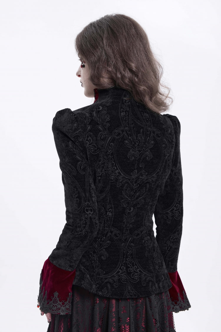 Black/Red Stand Collar Long Trumpet Sleeves Embroidery Women's Gothic Jacket - Product - 3