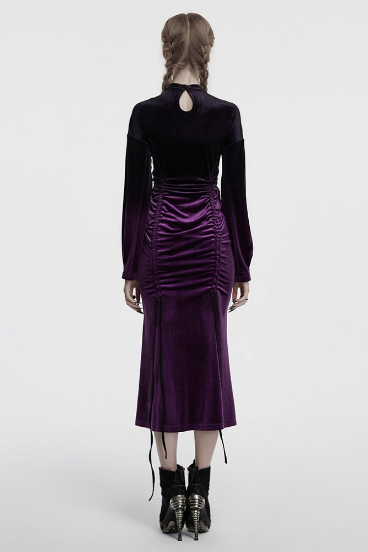 Black/Purple Drawstring Long Sleeves Gradient Women's Gothic Dress - Product - 4